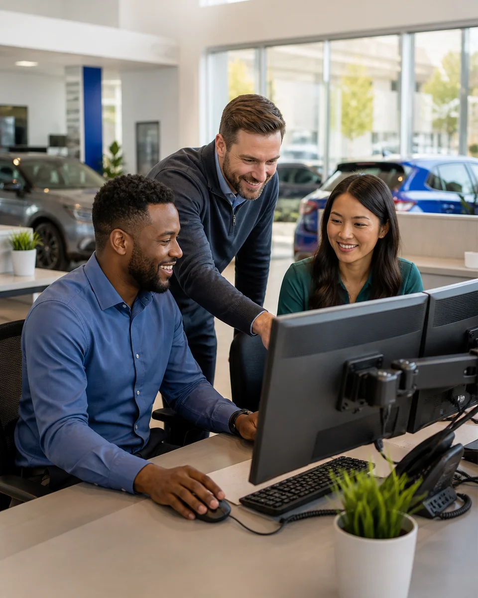 Automotive retail team working together with technology at a dealership
