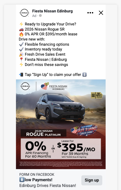 Facebook and Instagram static lead ad example for a dealership vehicle offer