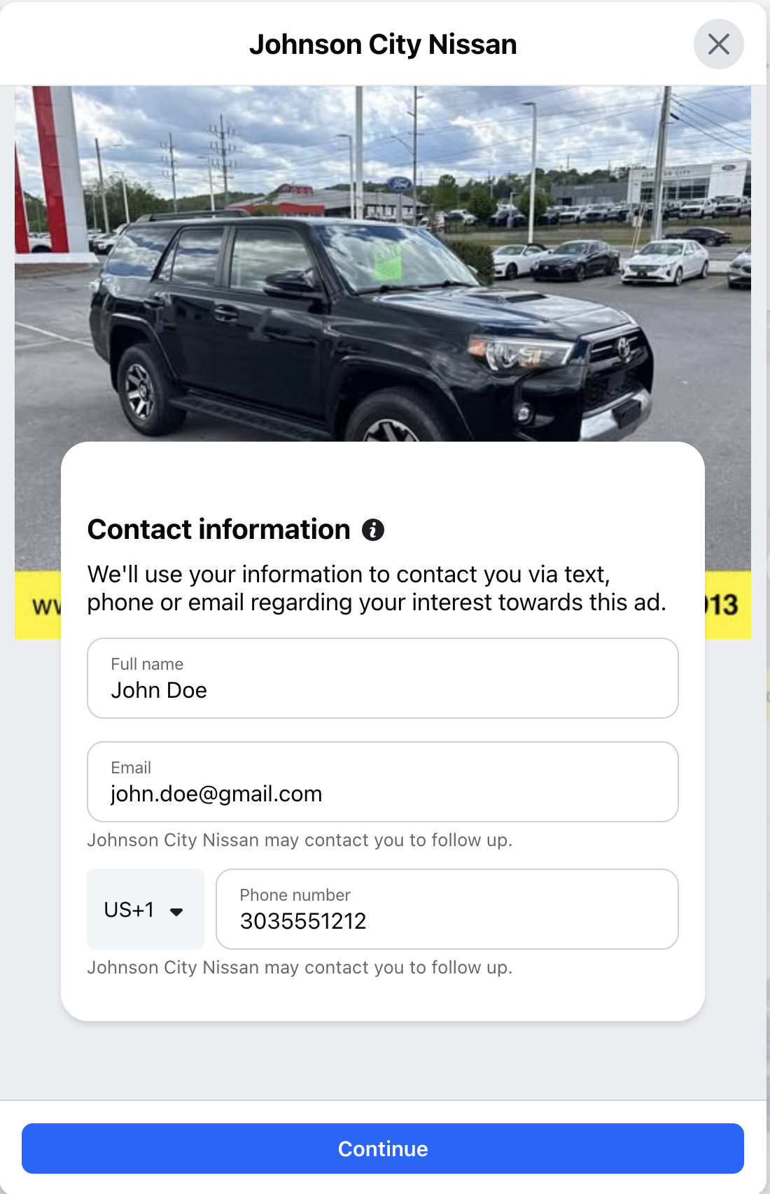 Johnson City Nissan Facebook lead form showing full name, email, and phone number capture