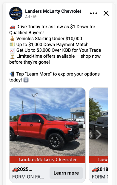 Facebook and Instagram dynamic inventory ad example for dealership vehicle shoppers