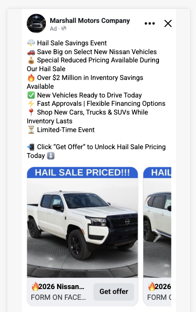 Facebook lead ad example for Marshall Motors Company hail sale pricing