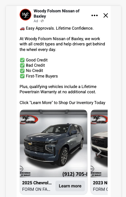 Facebook lead ad example for Woody Folsom Nissan of Baxley credit approvals