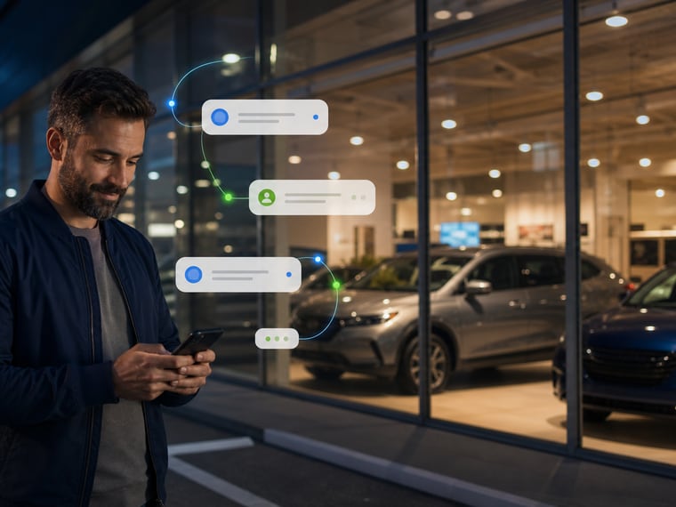 Customer receiving an AI-assisted response outside a dealership after hours