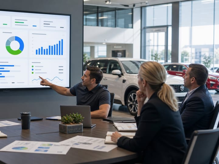 Dealership managers reviewing customer engagement reporting