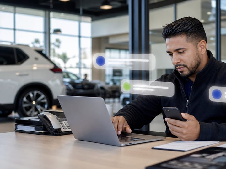Dealership salesperson managing AI-assisted customer follow-up