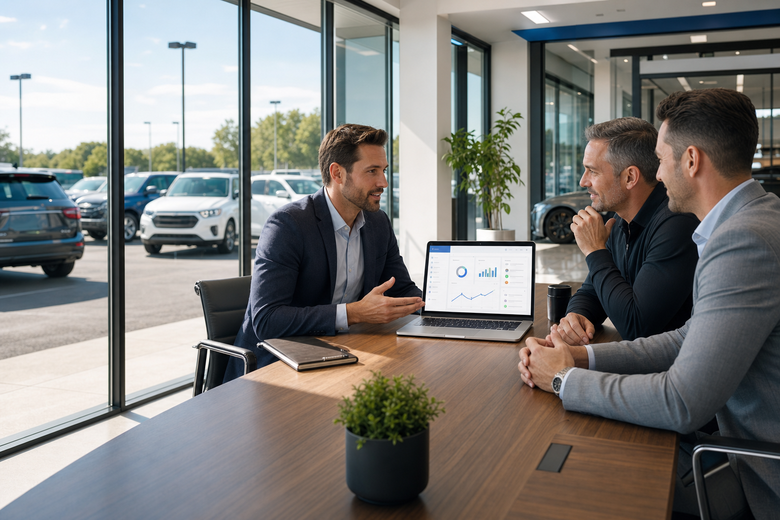 Independent automotive sales consultant presenting customer follow-up software to dealership leaders