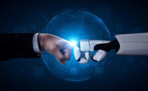 a robot and a hand touching a finger