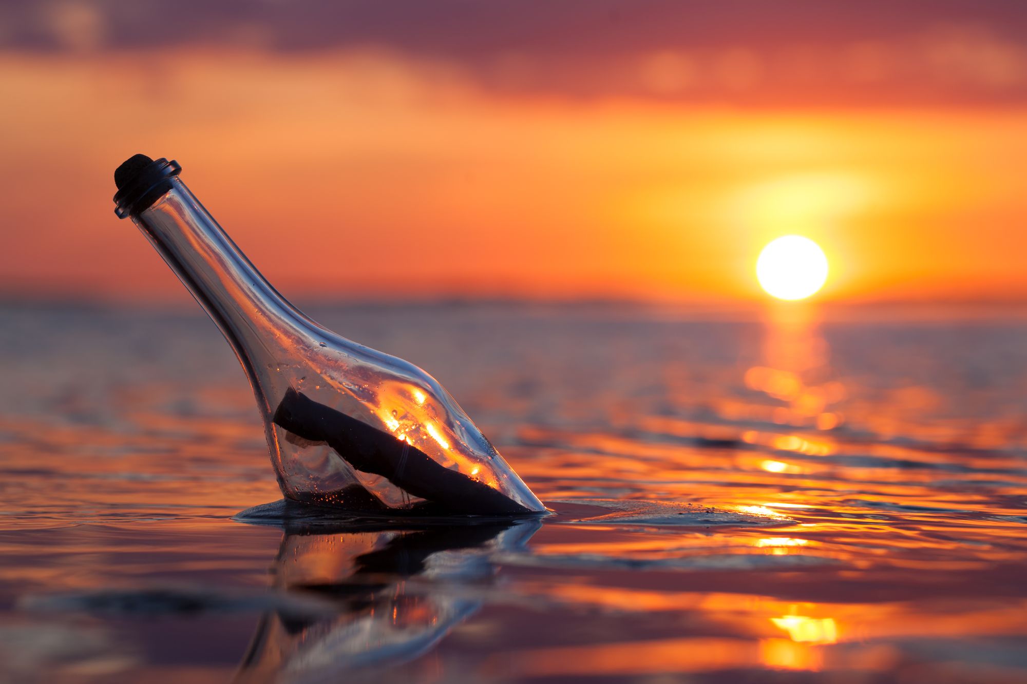 a bottle in the water with a sunset in the background