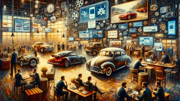 oil_painting_automotive_digital_communication a painting of a room with many cars and people sitting at tables