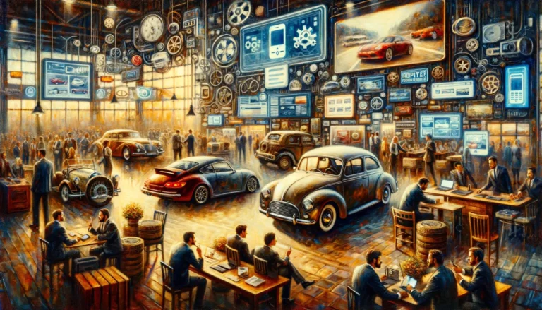 A Painting Of A Room With Many Cars And People Sitting At Tables