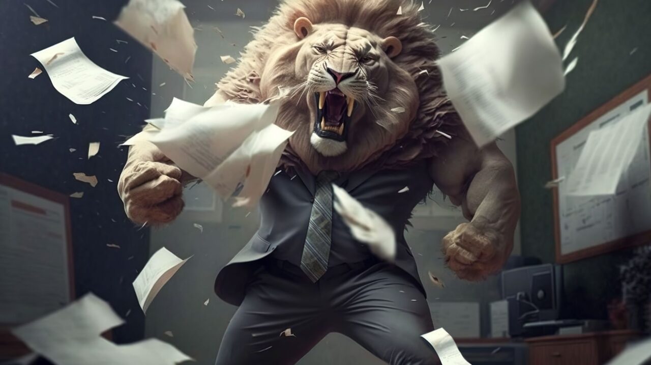 a lion in a suit throwing papers