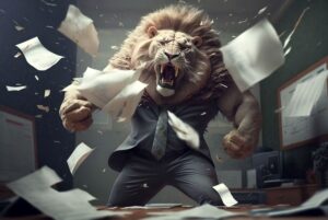 a lion in a suit throwing papers