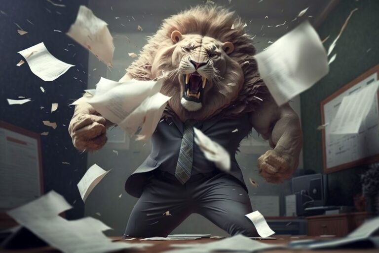 A Lion In A Suit Throwing Papers