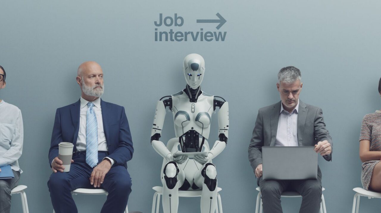 a group of men sitting in chairs with a robot