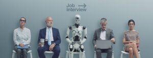 a group of men sitting in chairs with a robot