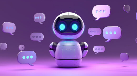 White modern robot chatting with chat bubbles on purple background Automotive CRM Artificial Intelligence