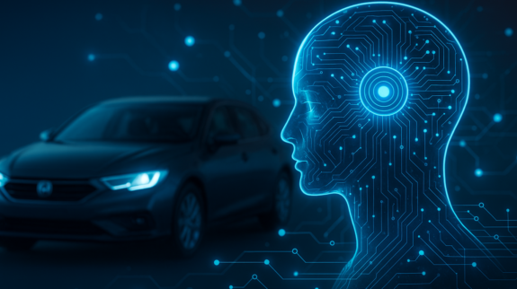 Automotive Artificial Intelligence a blue circuit board in front of a car