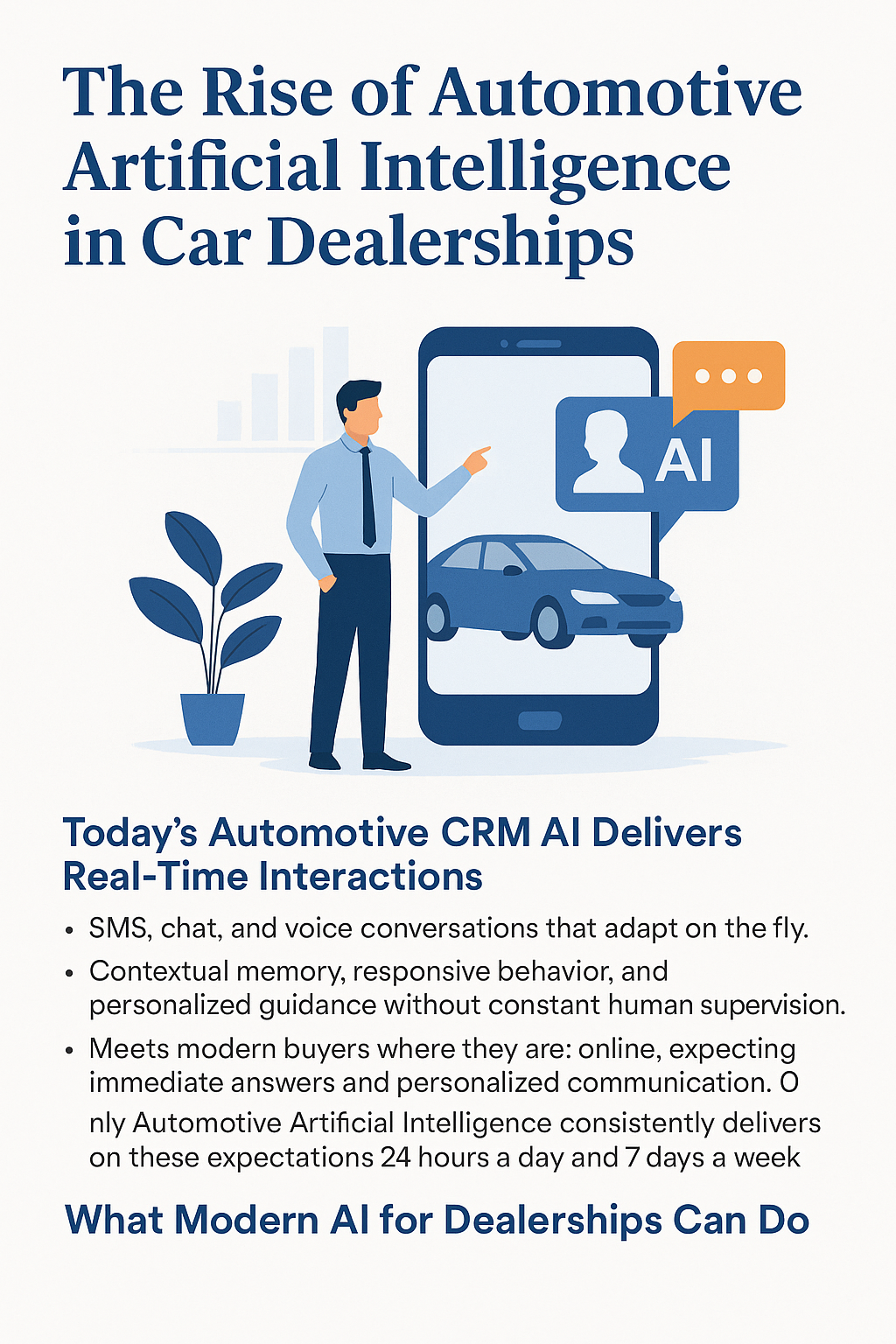 The Future Of Automotive Artificial Intelligence: 5 Reasons Why Tecobi Is So Powerful 3 Illustration Of Automotive Dealership Ai Technology Showing A Salesperson Pointing To A Smartphone With A Car Image, Highlighting Sms, Chat, And Voice Crm Features For Real-Time Lead Engagement And Personalized Communication.