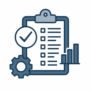 The Future Of Automotive Artificial Intelligence: 5 Reasons Why Tecobi Is So Powerful 6 Minimalist Illustration Of A Checklist With Gear And Growth Chart Icons, Symbolizing Ai Implementation And Kpi Tracking In Automotive Dealerships